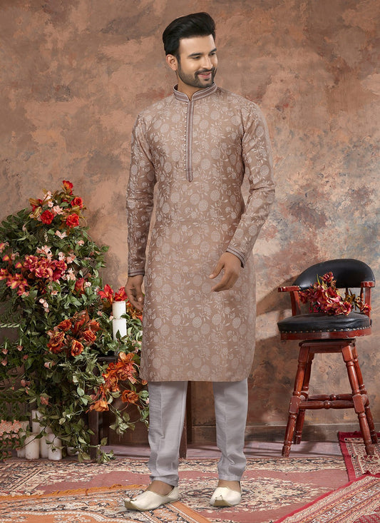Digital Print Silk Brown Kurta - M5742