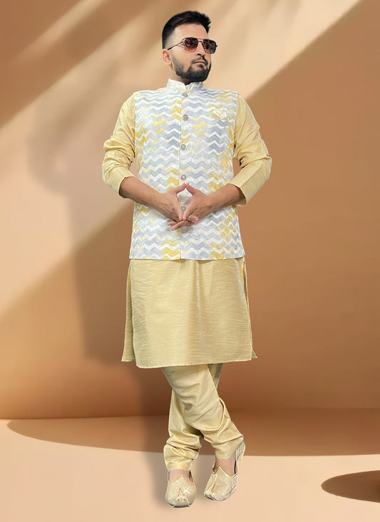 Embroidered Cotton , Silk Gold, Grey Kurta Payjama With Jacket - M5404