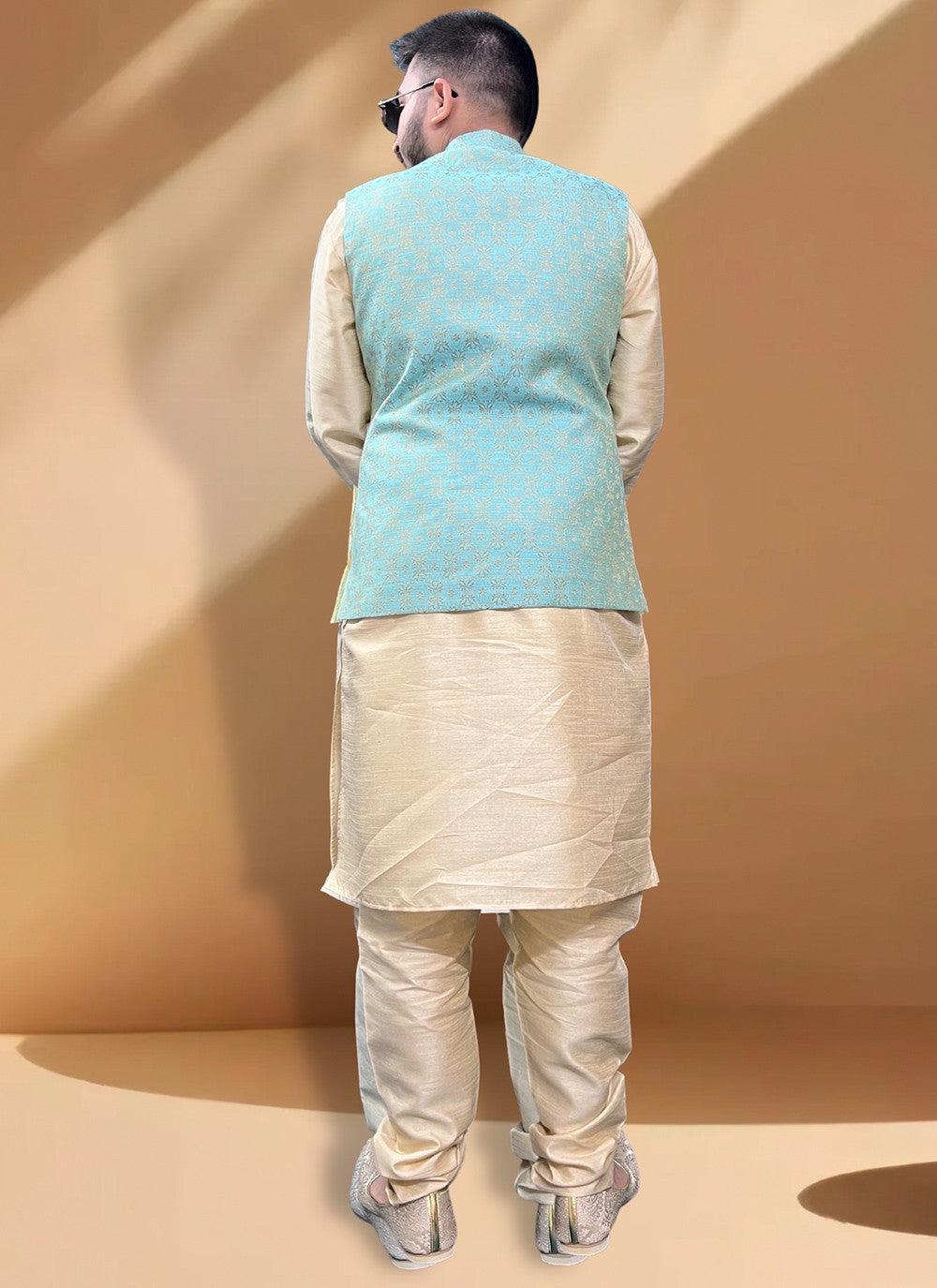 Fancy Work Jacquard, Silk Gold, Turquoise Kurta Payjama With Jacket - M5396
