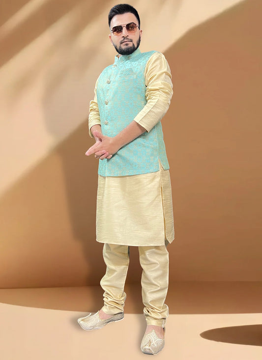 Fancy Work Jacquard, Silk Gold, Turquoise Kurta Payjama With Jacket - M5396