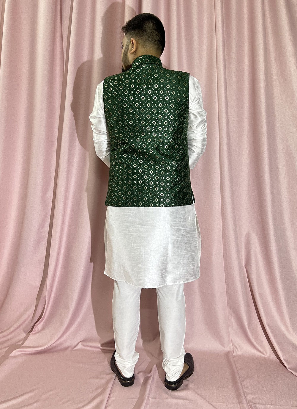 Embroidered Silk Green, White Kurta Payjama With Jacket - M5890