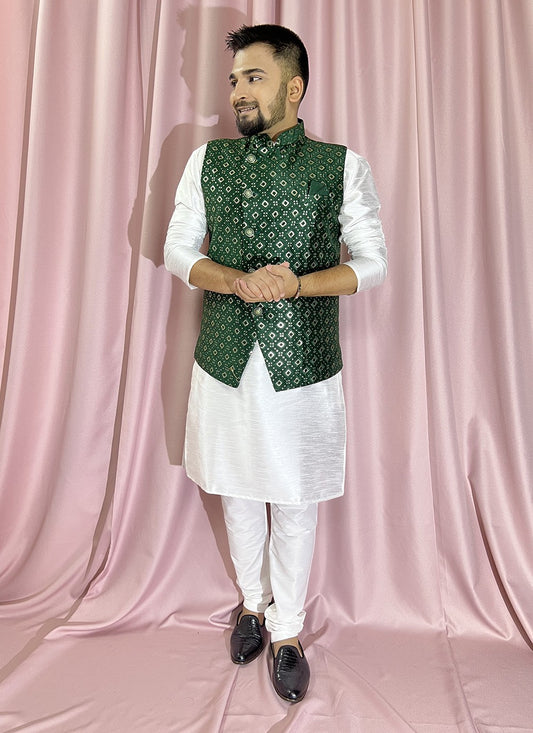 Embroidered Silk Green, White Kurta Payjama With Jacket - M5890