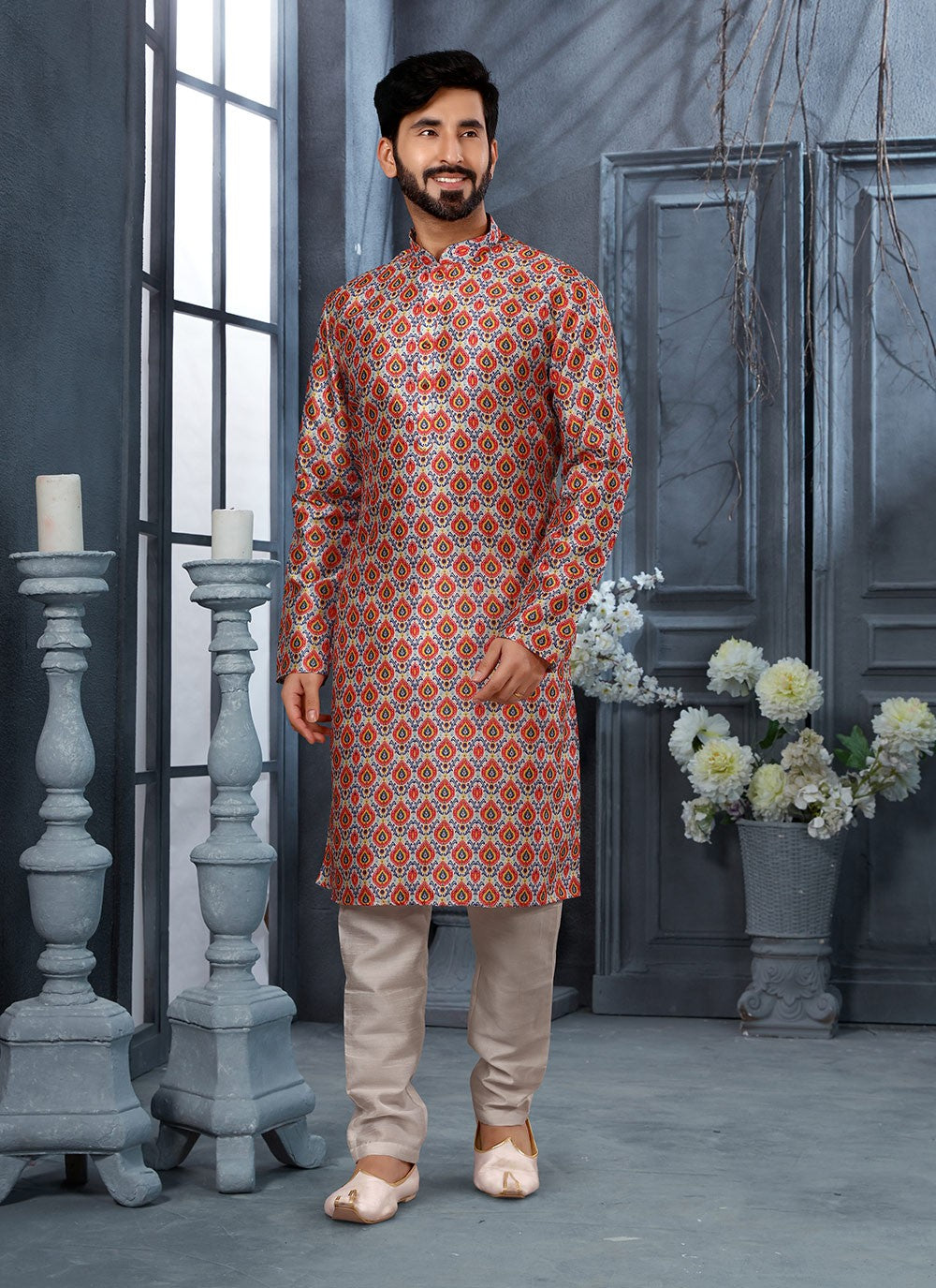Digital Print Silk Multi Colour Kurta Pyjama - M3011