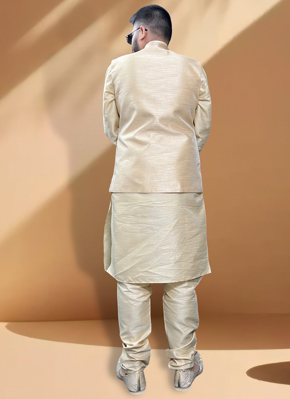 Lace Silk Gold Kurta Payjama With Jacket - M5387