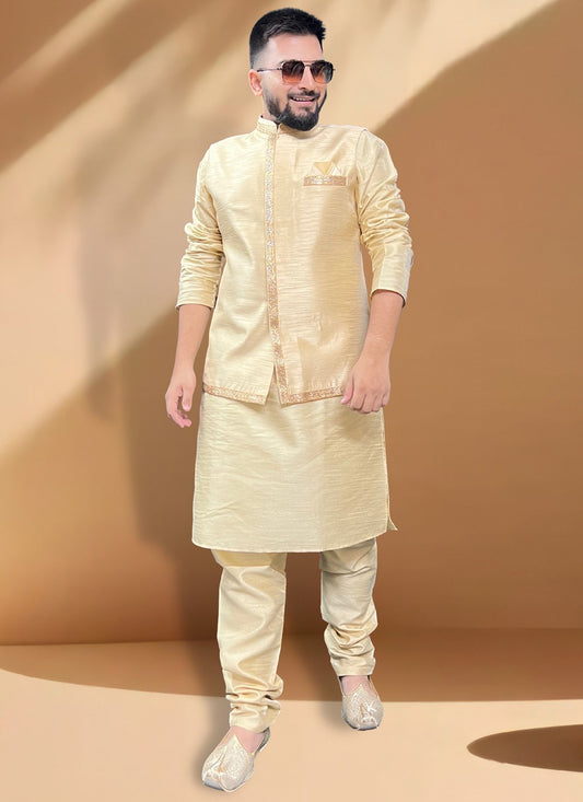 Lace Silk Gold Kurta Payjama With Jacket - M5387