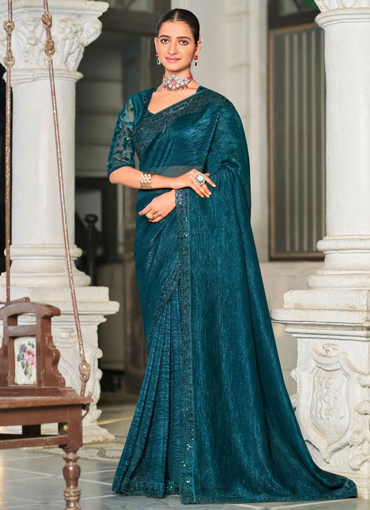 Teal Silk Trendy Saree Embroidered, Lace S20135