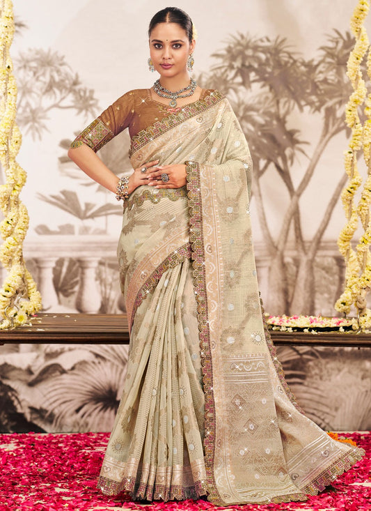 Beige Silk Traditional Saree Embroidered, Lace S19597