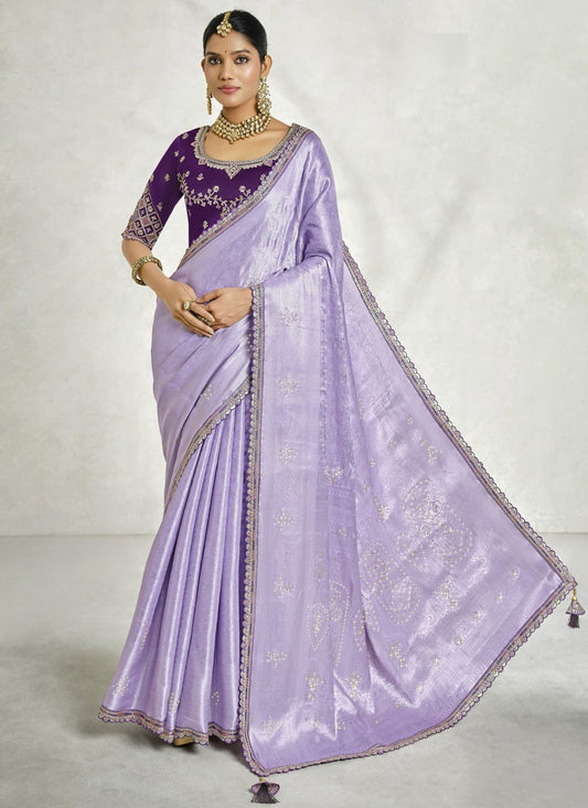 Border Work Silk Lavender Designer Saree S15446