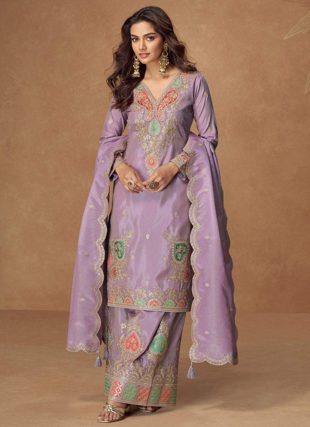 Palazzo Suit Embroidered, Zari Lavender T7878