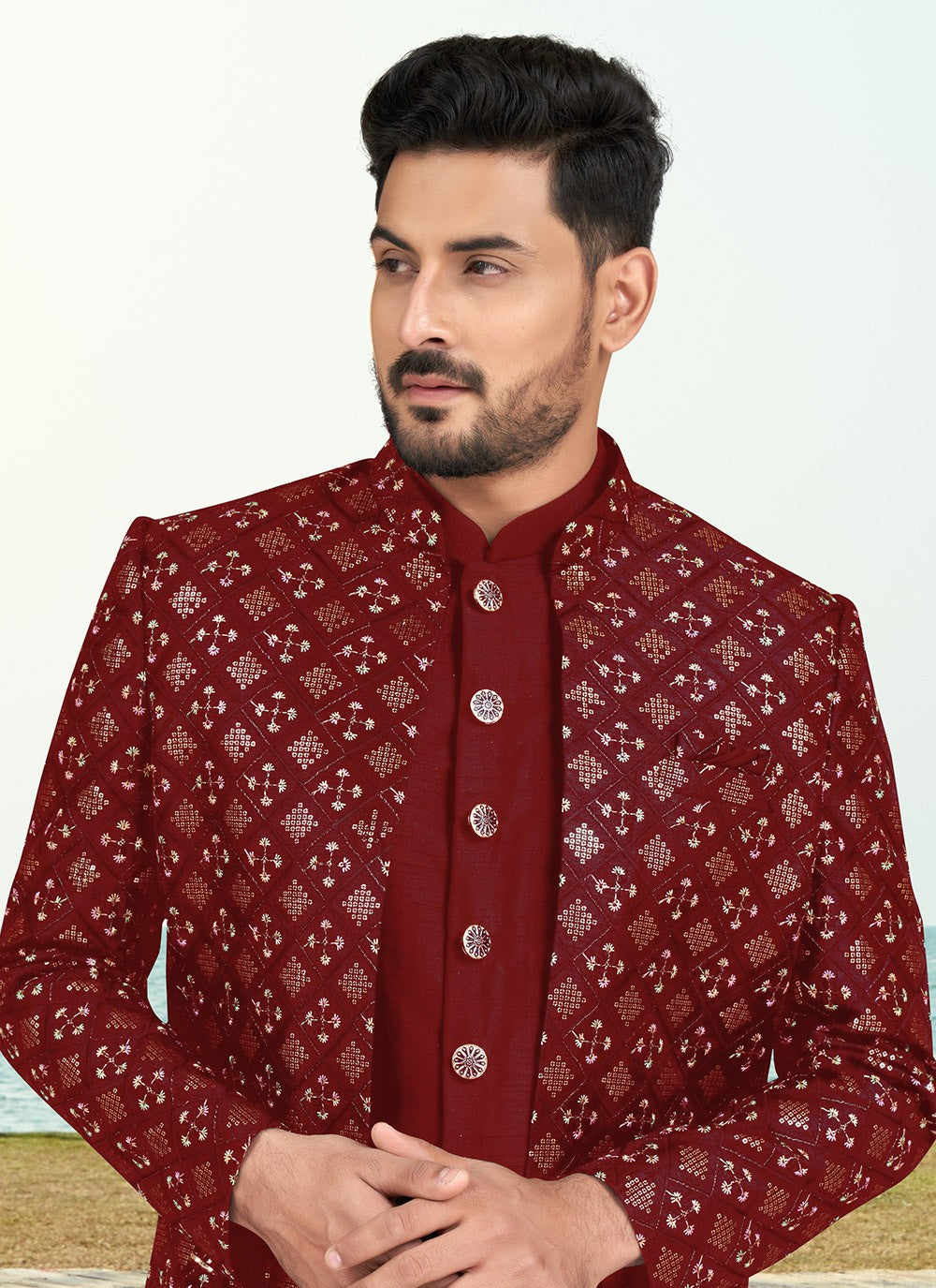 Machine Embroidery Silk Maroon Sherwani - M6773