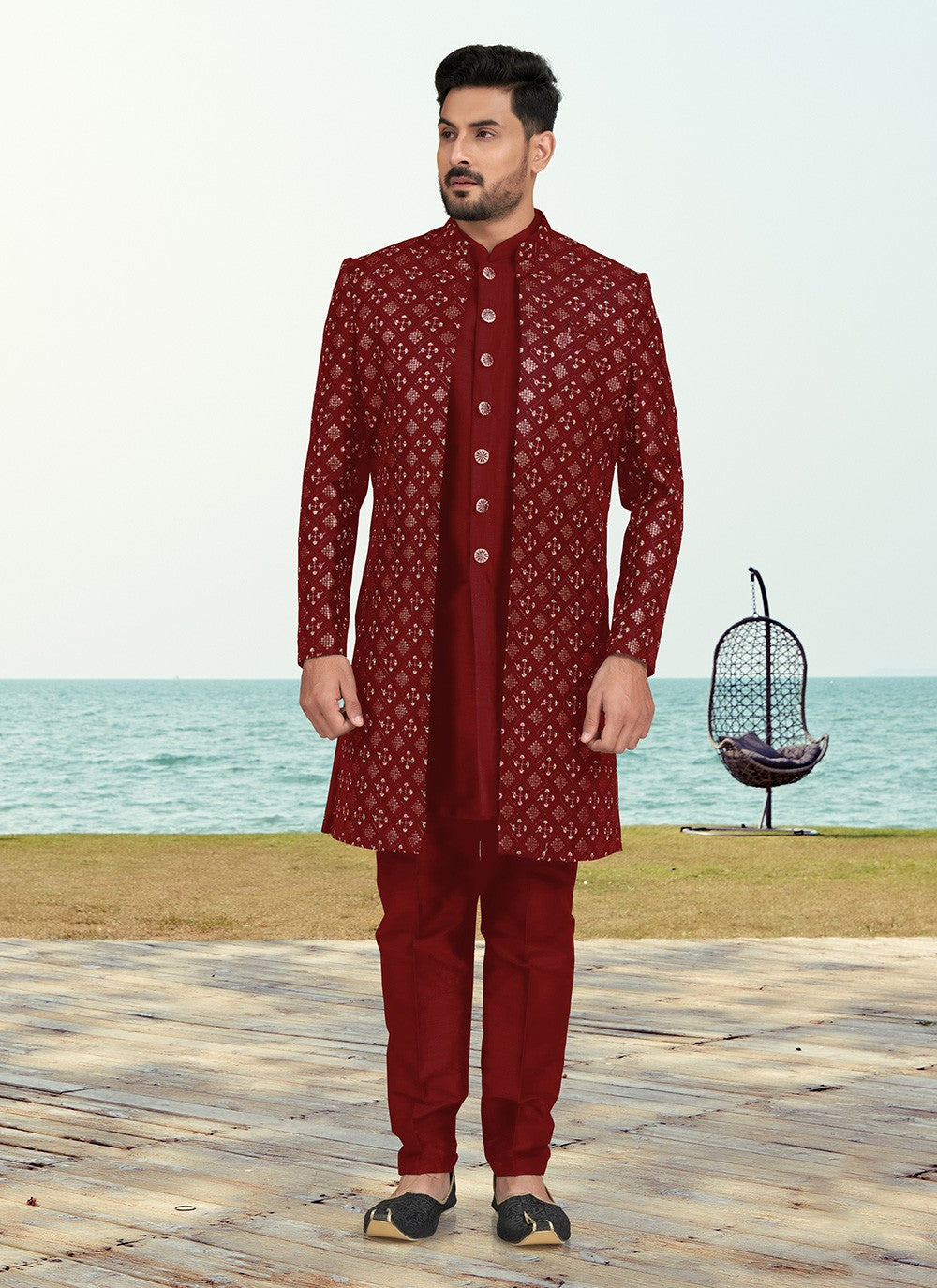 Machine Embroidery Silk Maroon Sherwani - M6773
