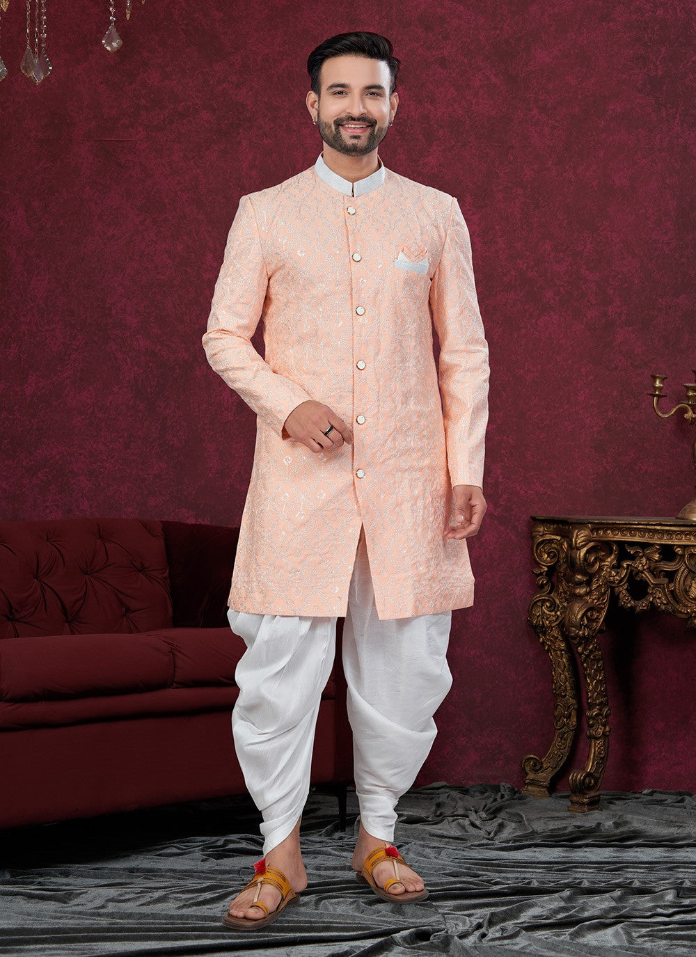 Machine Embroidery Silk Peach Sherwani - M8617