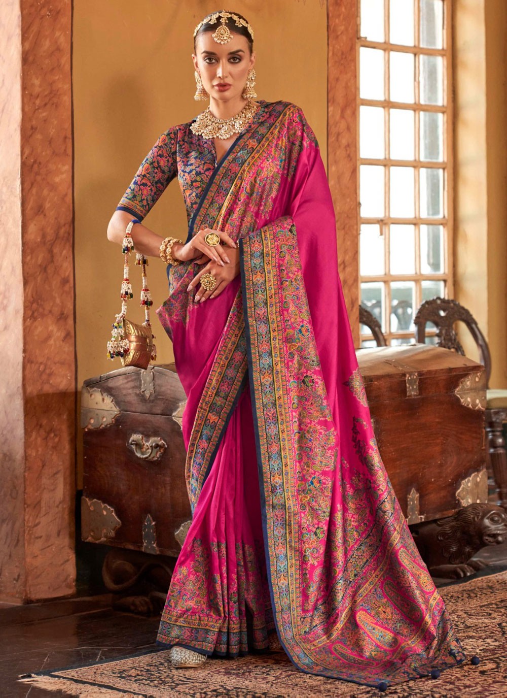 Printed Silk Hot Pink Saree S14338