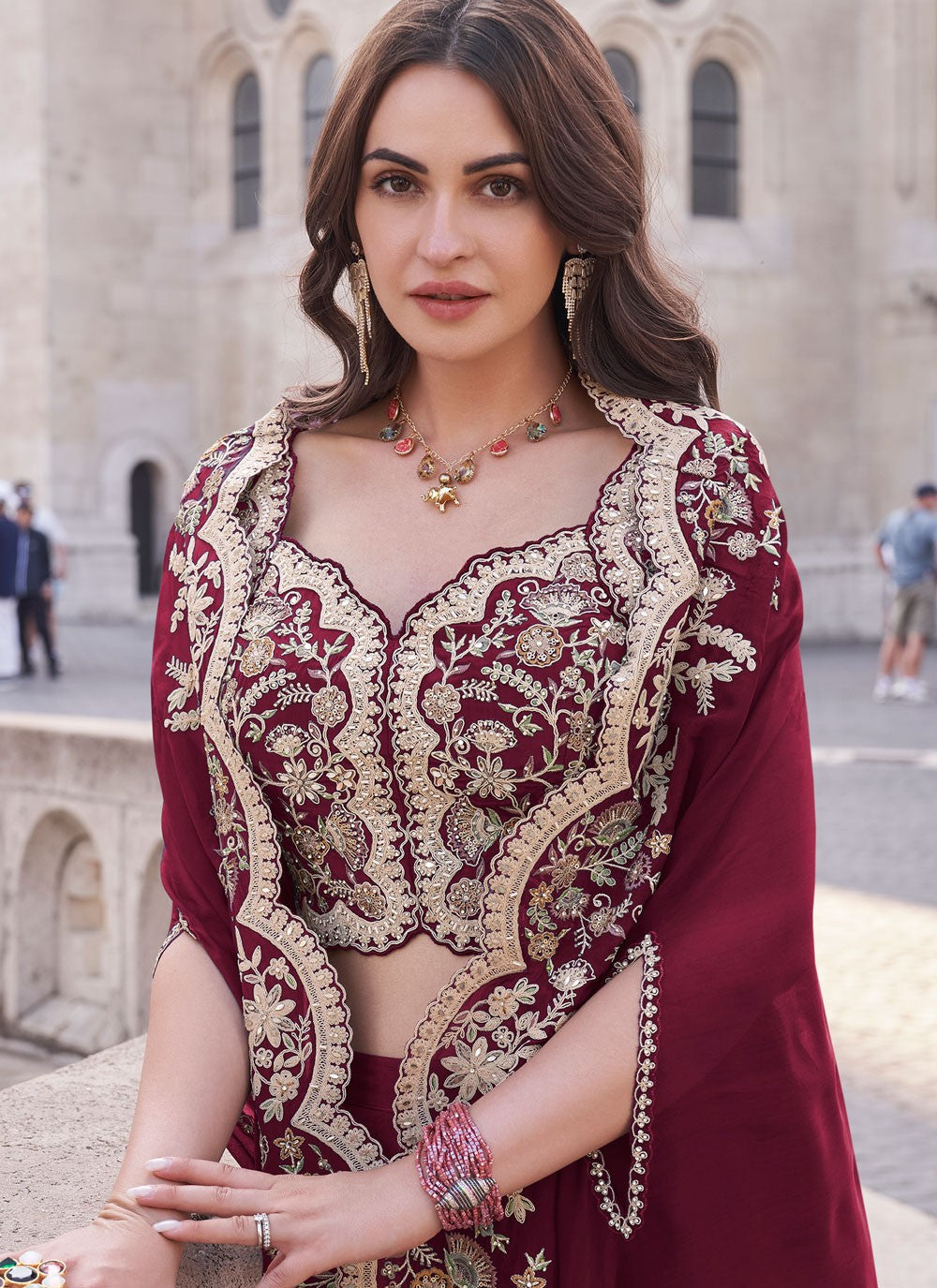 Salwar Suit Embroidered Hot Pink, Maroon Silk T5769