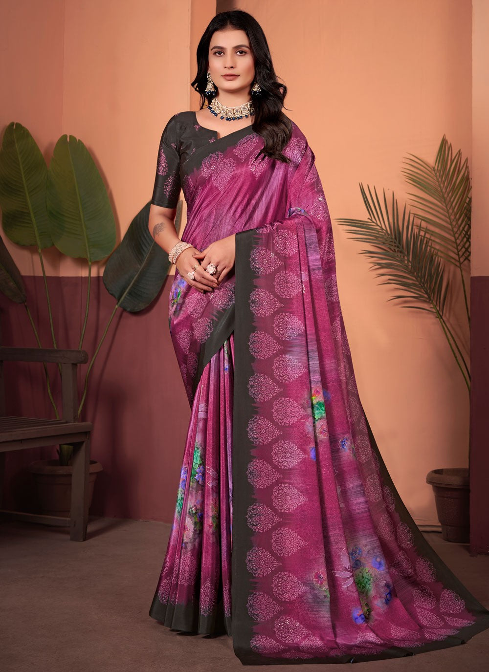 Floral Printed Silk Maroon Saree S13981
