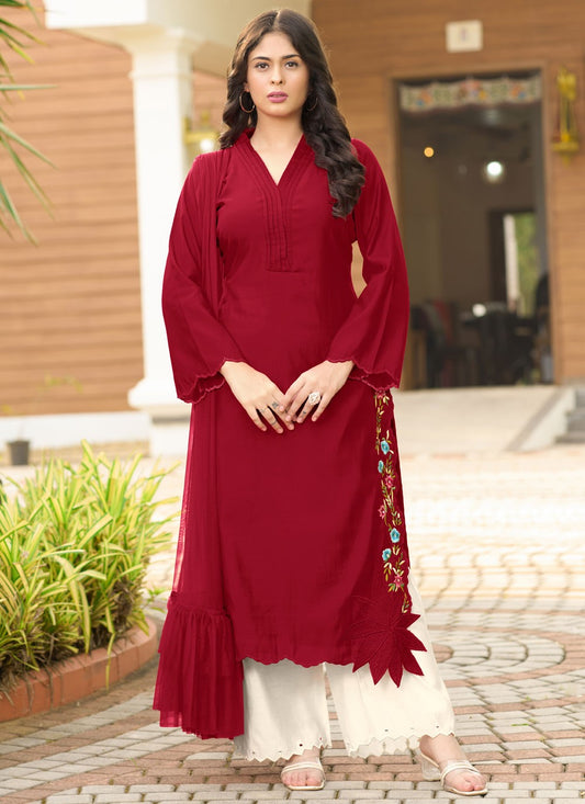 Salwar Suit Embroidered Maroon Silk T5350