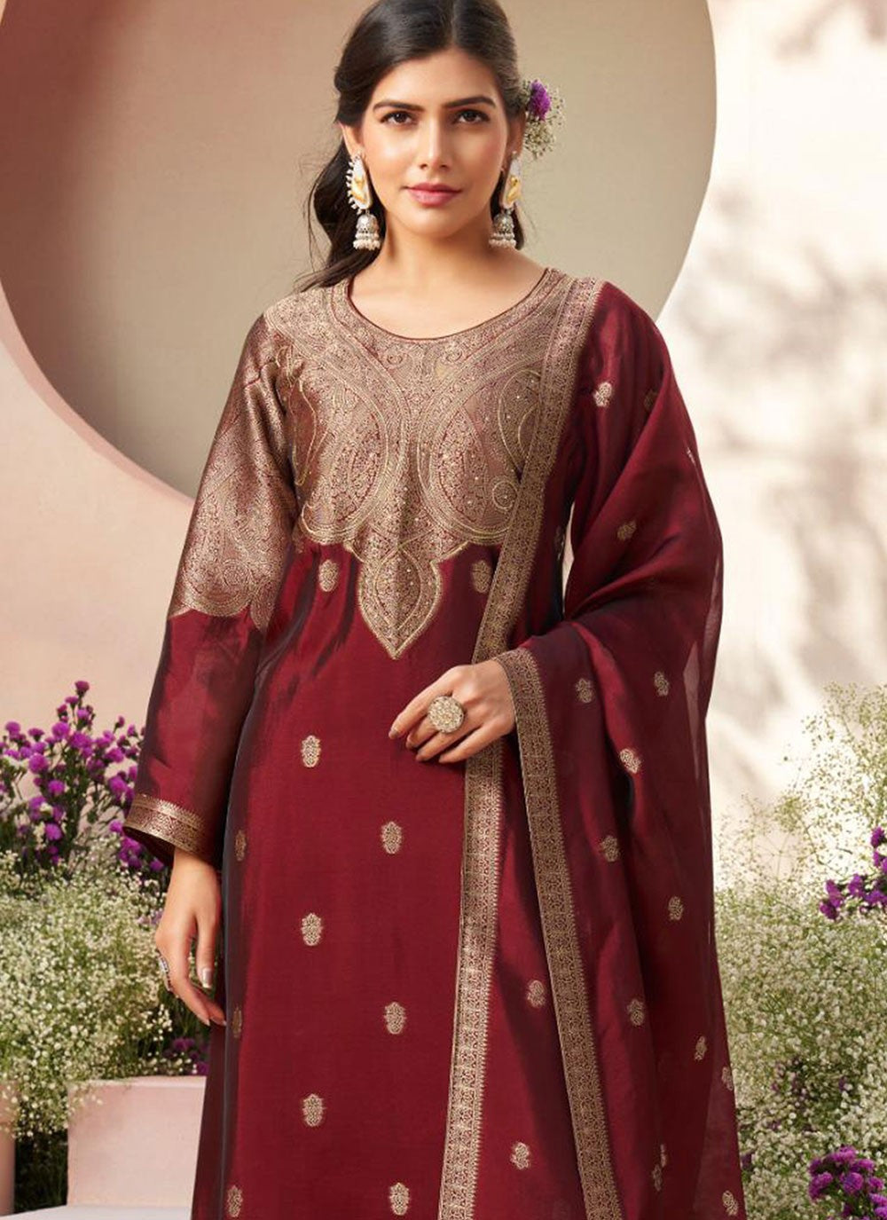 Crystals Silk Maroon Salwar Suit T6590