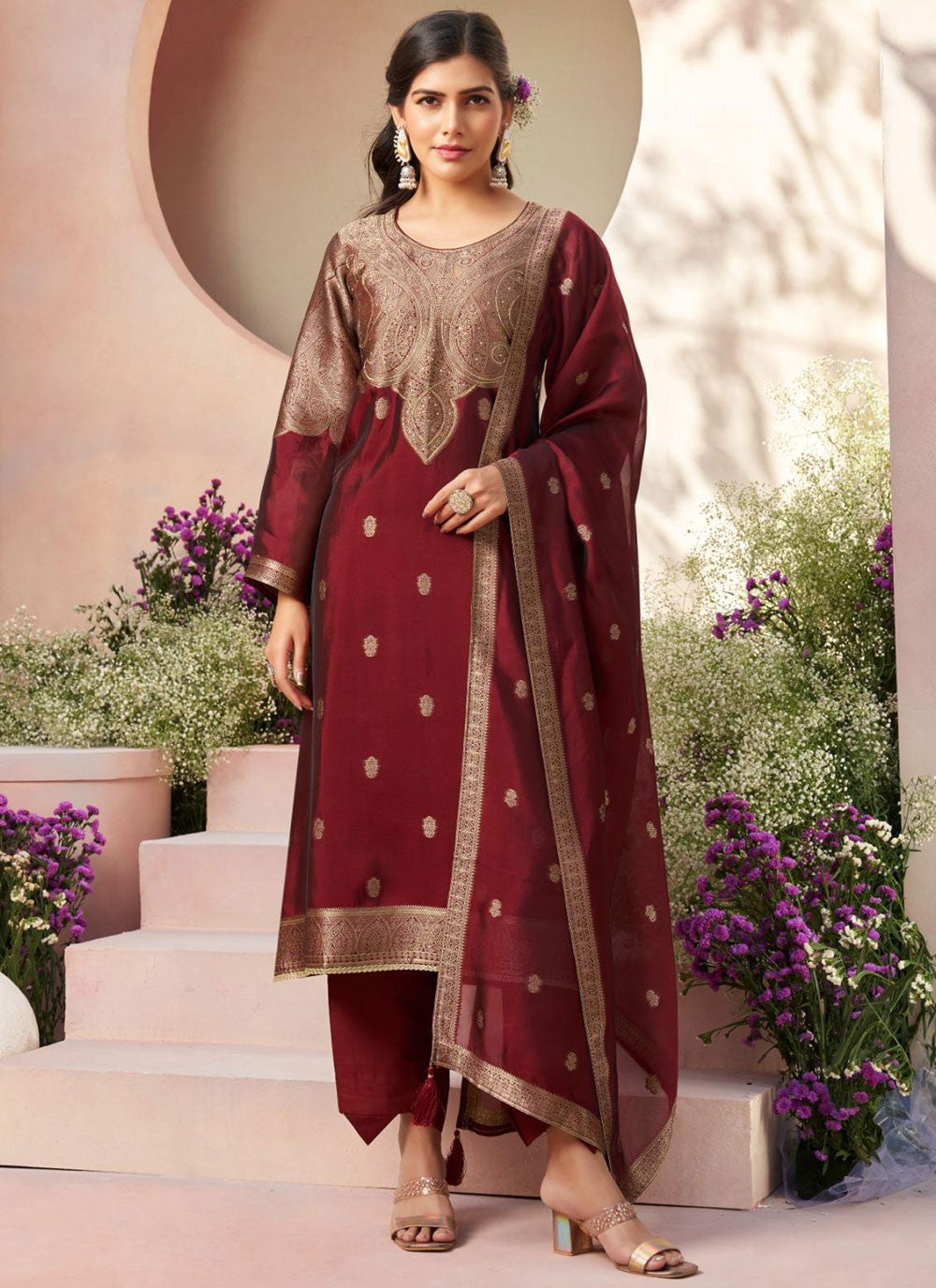 Crystals Silk Maroon Salwar Suit T6590