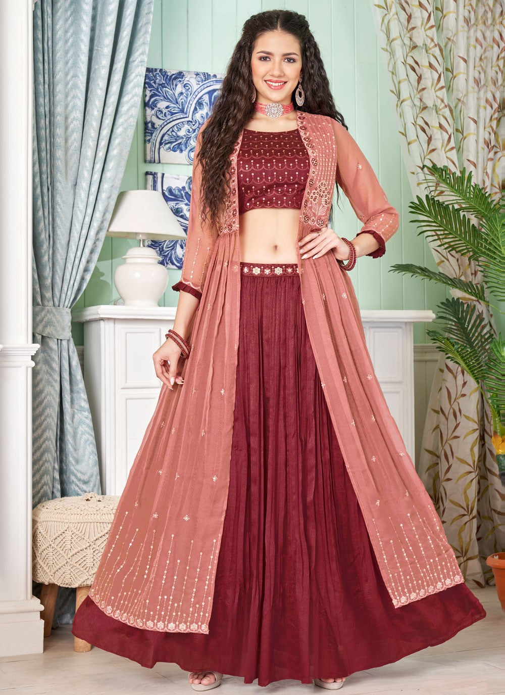 Embroidered Silk Maroon Lehenga Choli L3486