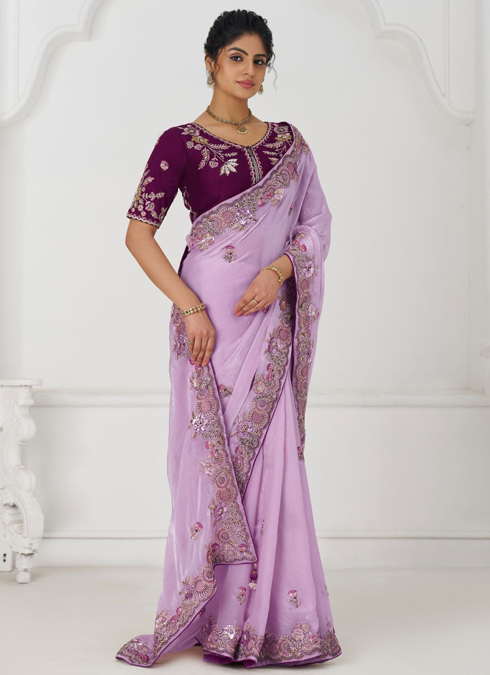 Embroidered Silk Mauve Contemporary Saree S15647