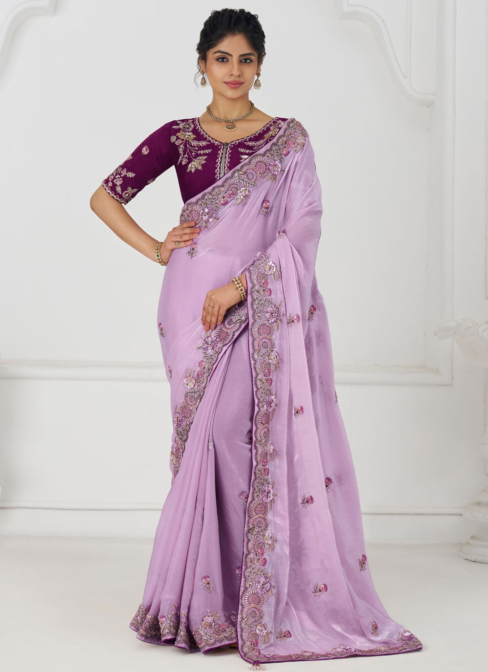 Embroidered Silk Mauve Contemporary Saree S15647