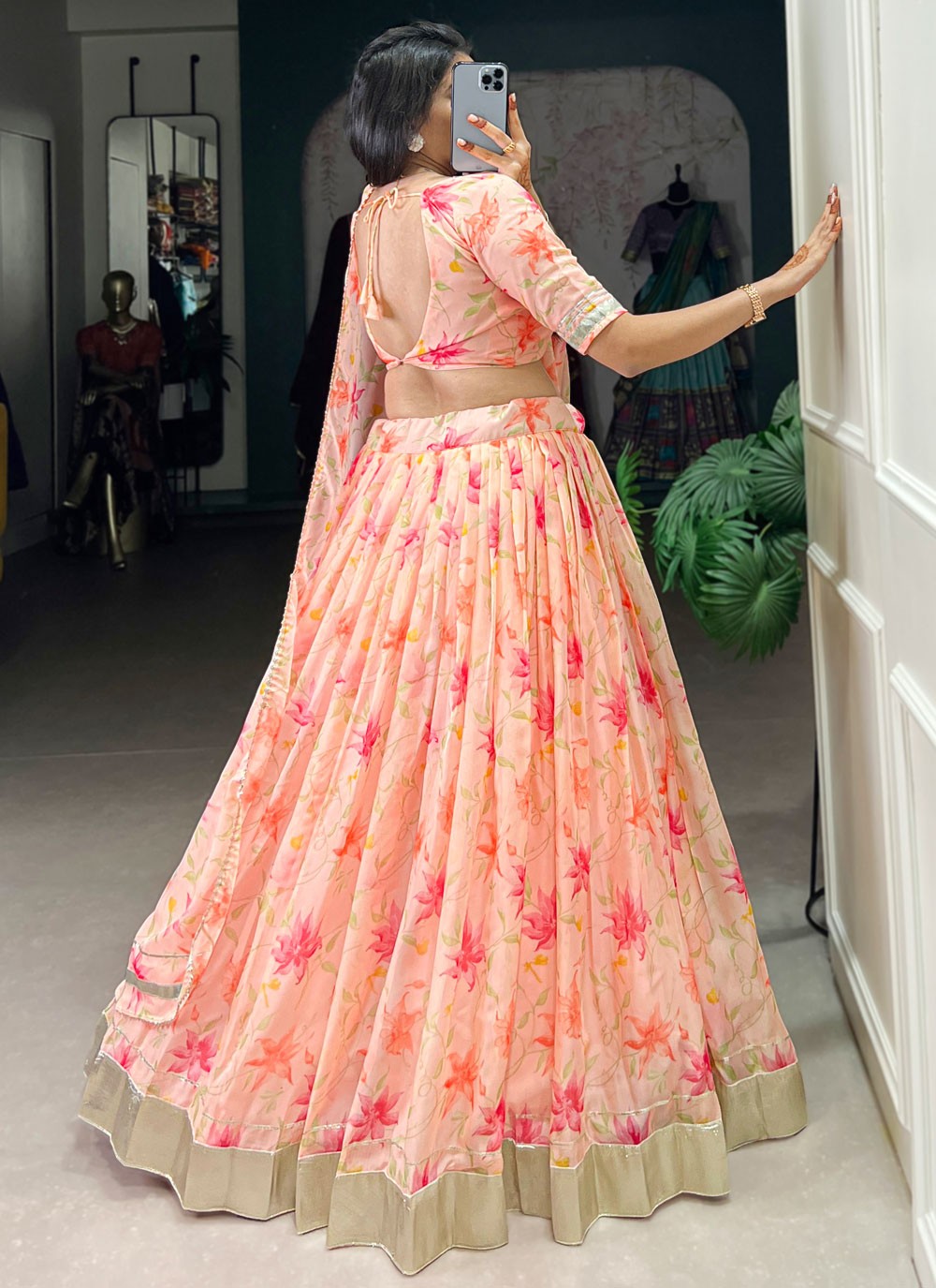 Floral Printed Silk Peach Lehenga - L3414