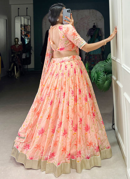 Floral Printed Silk Peach Lehenga - L3414