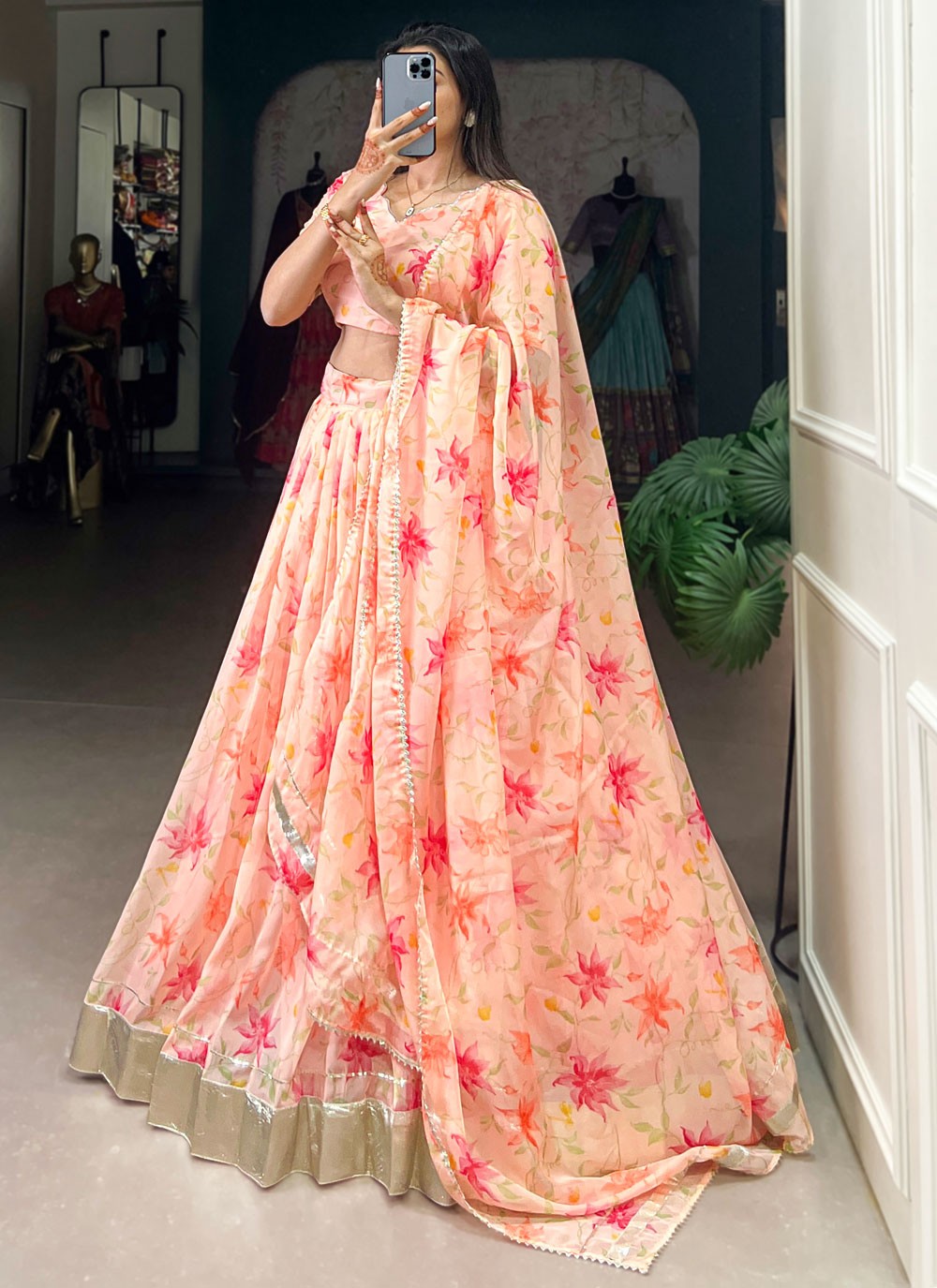 Floral Printed Silk Peach Lehenga - L3414