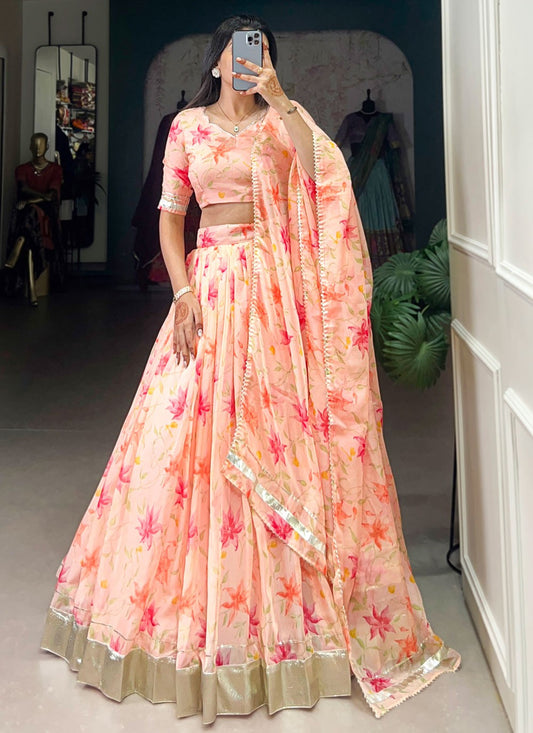 Floral Printed Silk Peach Lehenga - L3414