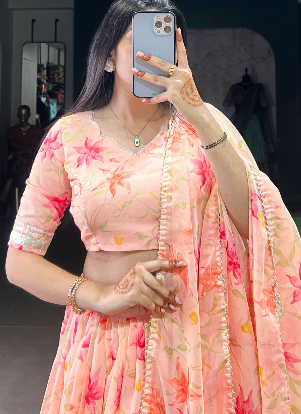 Floral Printed Silk Peach Lehenga - L3414