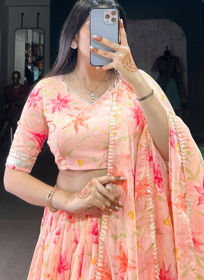 Floral Printed Silk Peach Lehenga - L3414