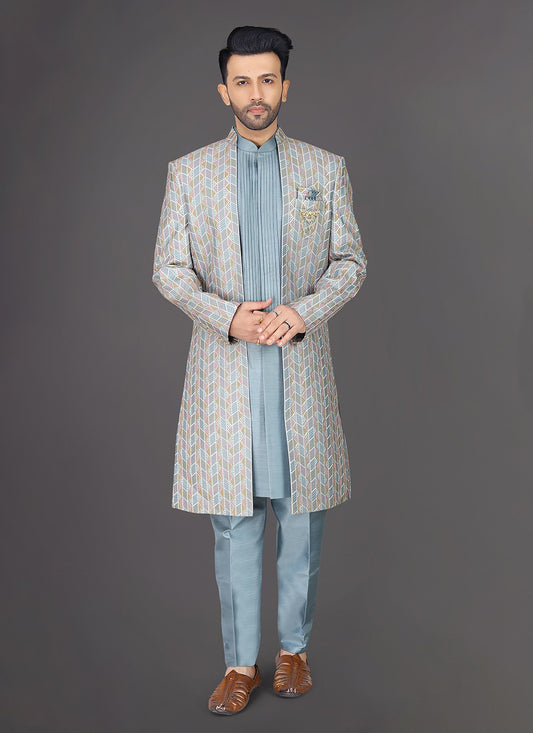 Embroidered Silk Multi Colour, Teal Sherwani - M7962