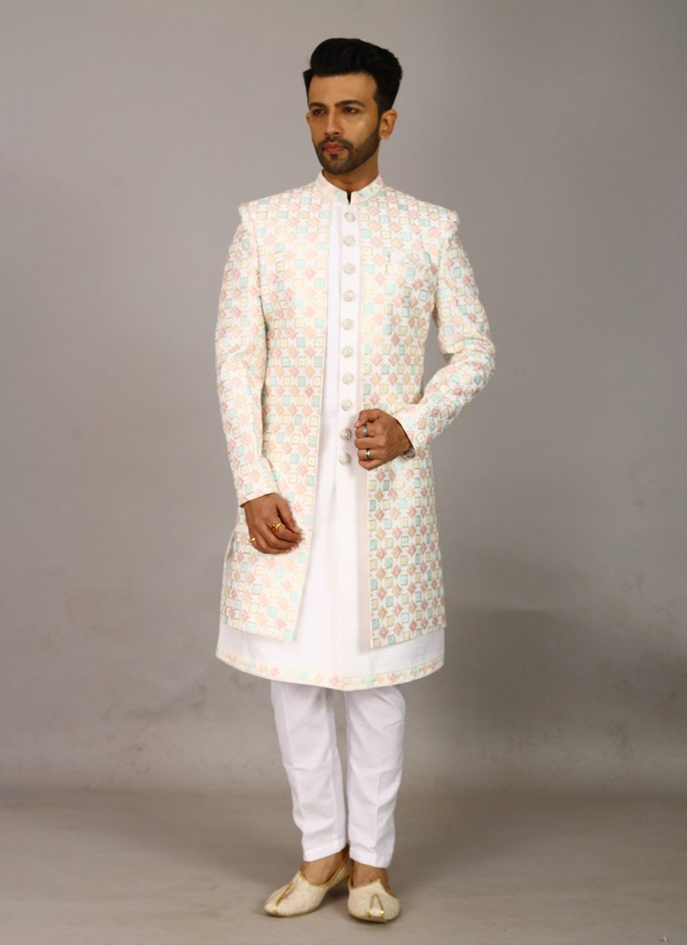 Embroidered Silk Multi Colour, White Sherwani - M7972