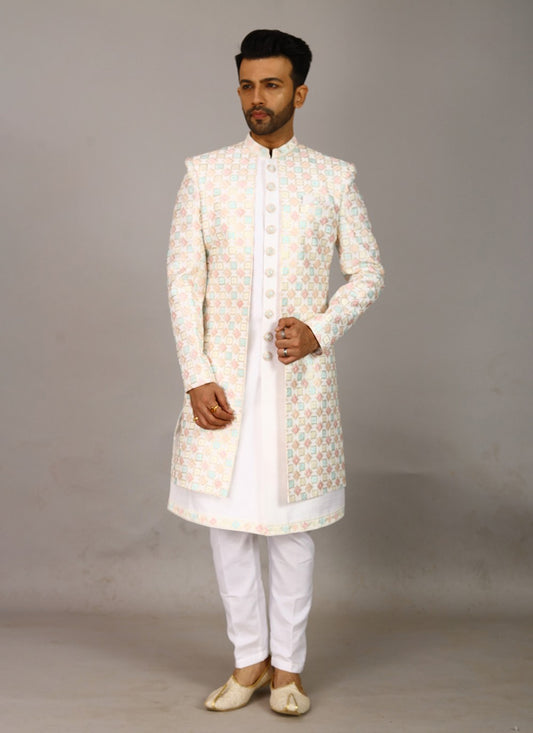 Embroidered Silk Multi Colour, White Sherwani - M7972