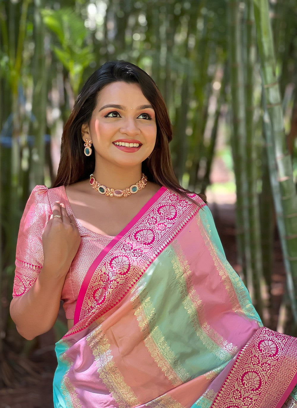 Multi Colour Silk Contemporary Saree Jacquard Work S16054