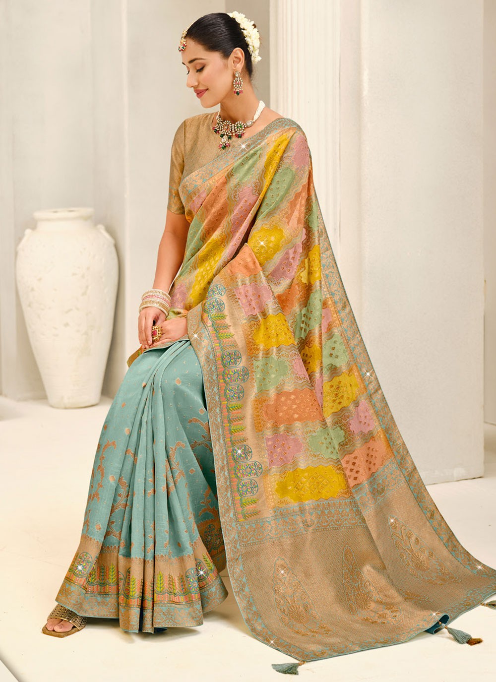 Multi Colour Silk Contemporary Saree Weaving Zari S20185