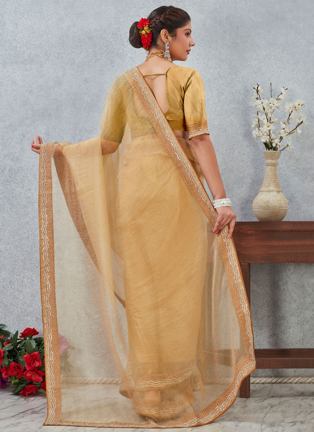 Mustard Silk Contemporary Saree Border Work, Zircon S20337
