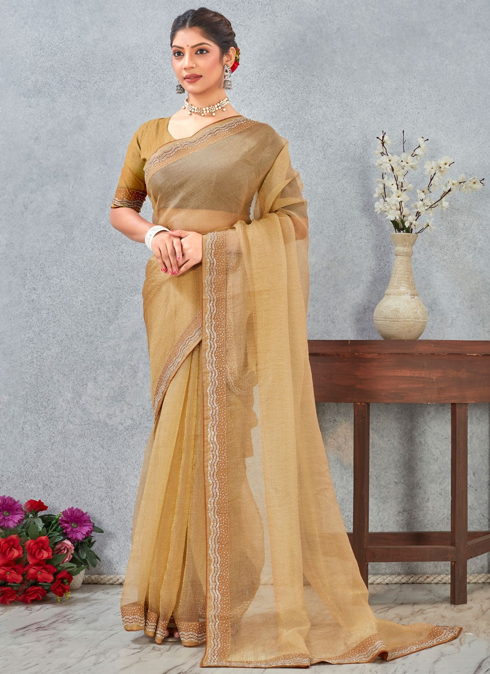 Mustard Silk Contemporary Saree Border Work, Zircon S20337