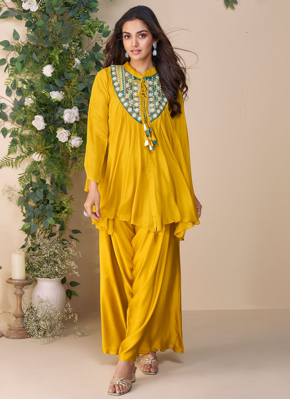 Palazzo Suit Embroidered Mustard T7839
