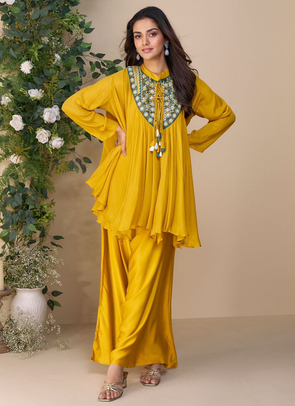 Palazzo Suit Embroidered Mustard T7839