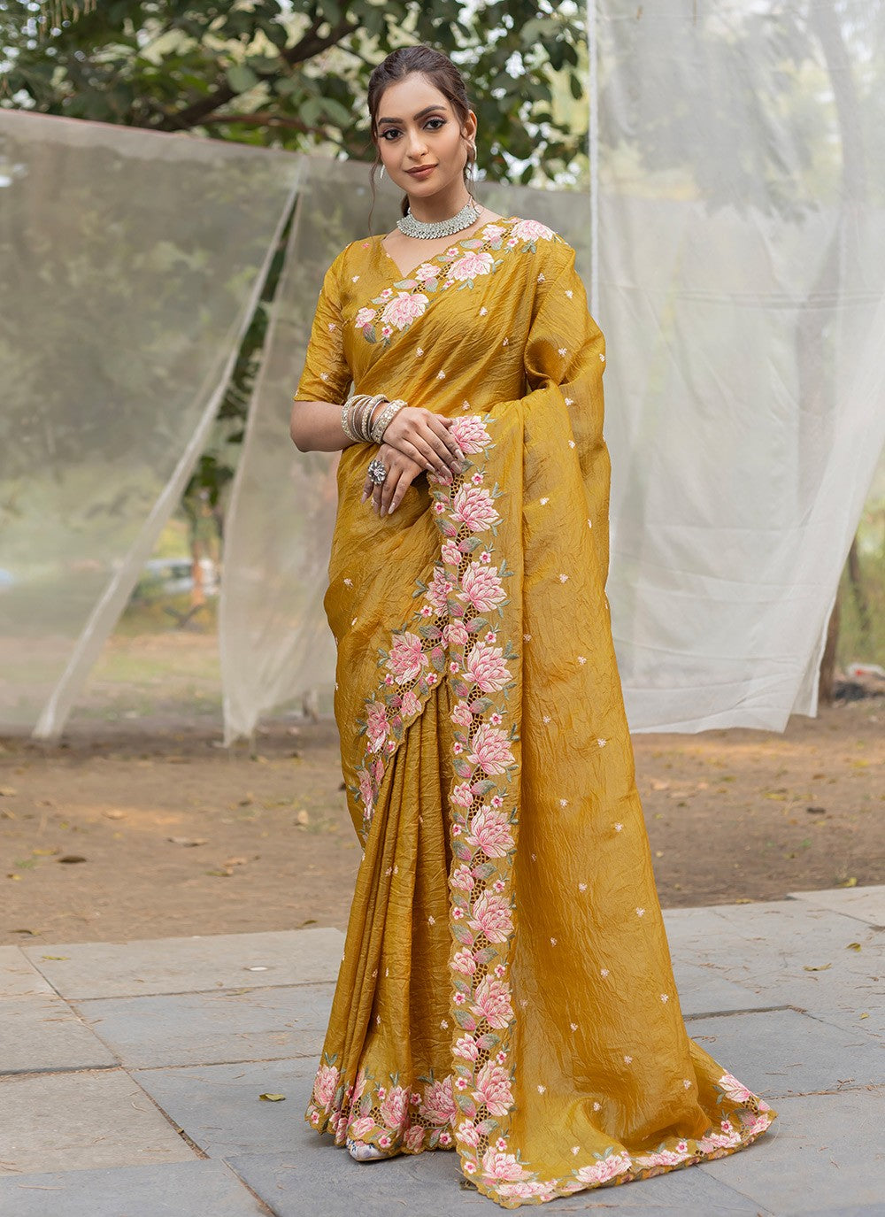 Trendy Saree Printed Mustard Crush S12550