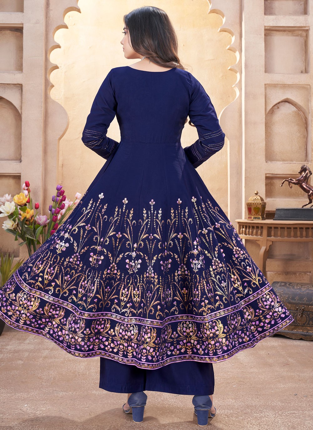 Anarkali Foliage Prints Navy Blue Silk T5605