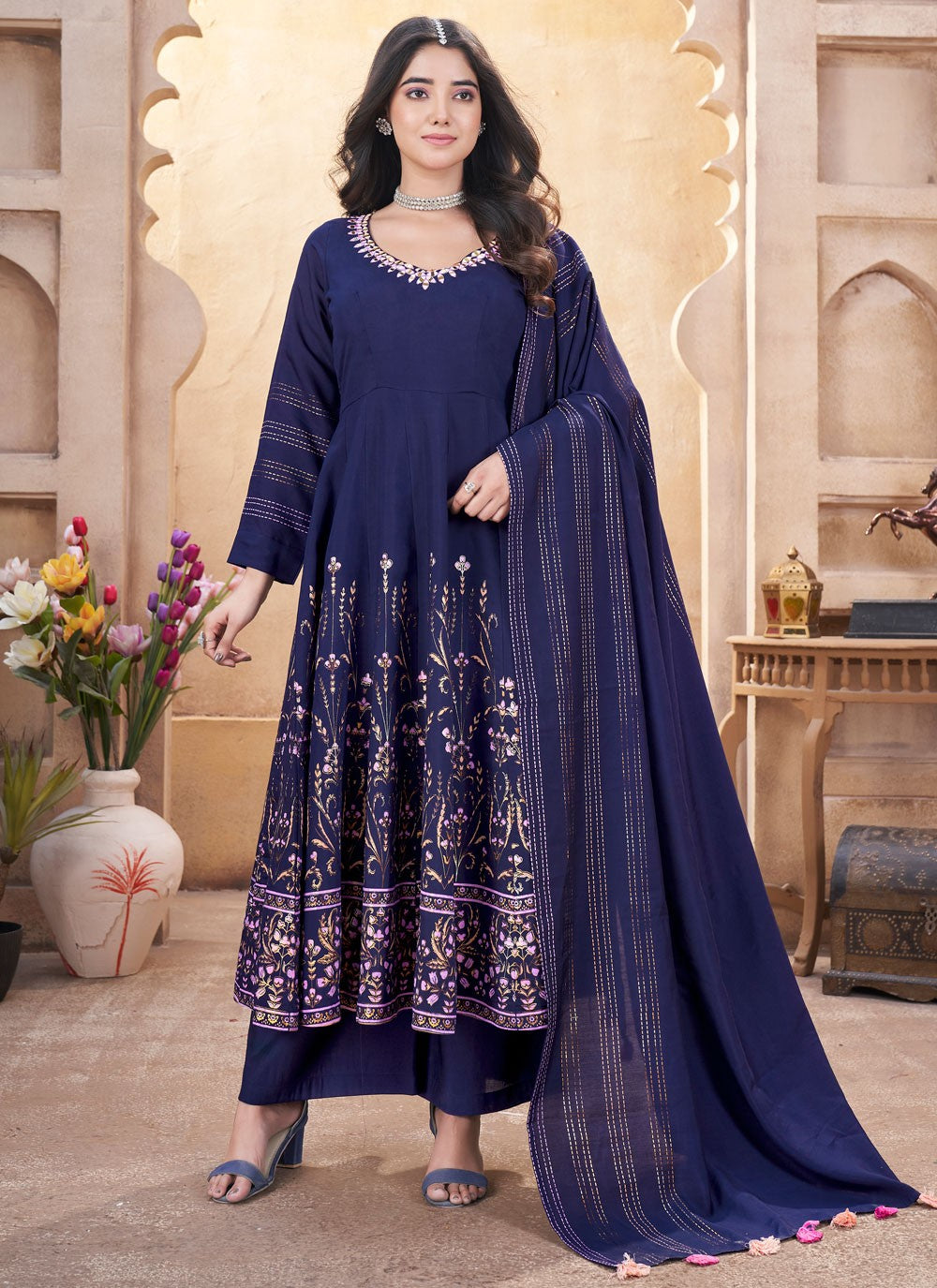 Anarkali Foliage Prints Navy Blue Silk T5605