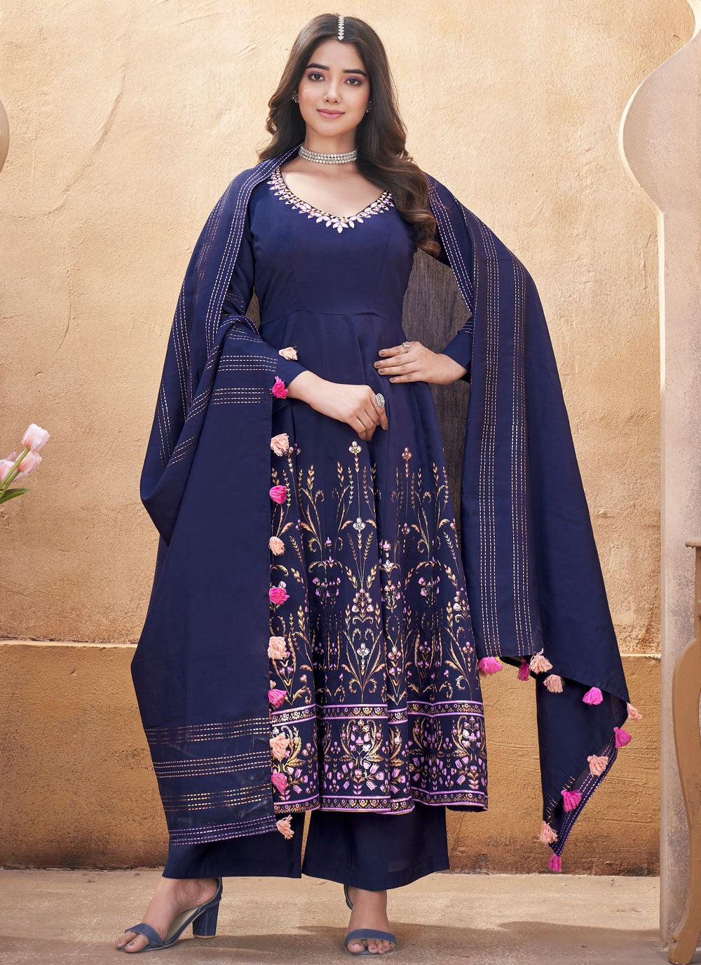Anarkali Foliage Prints Navy Blue Silk T5605