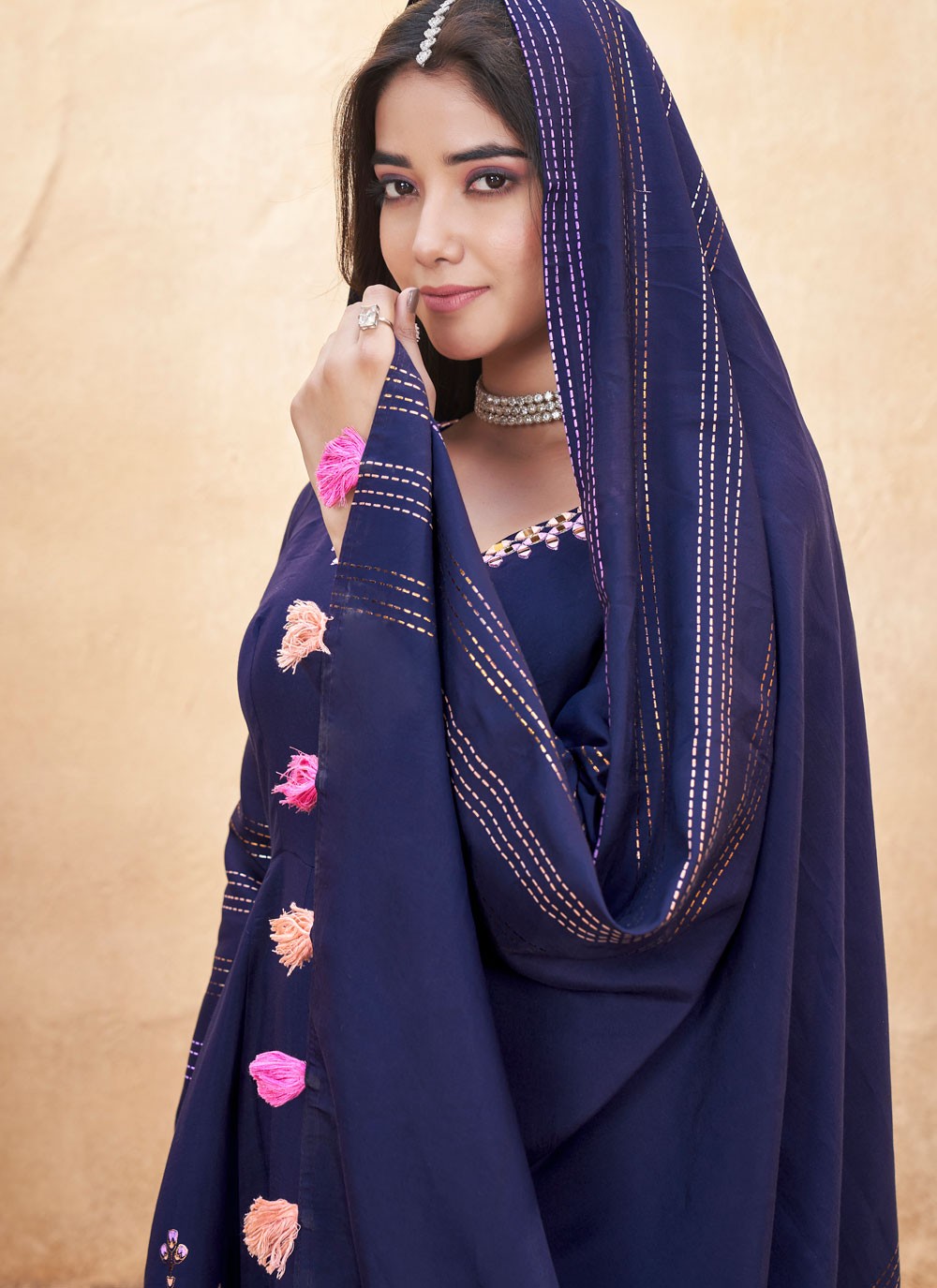 Anarkali Foliage Prints Navy Blue Silk T5605
