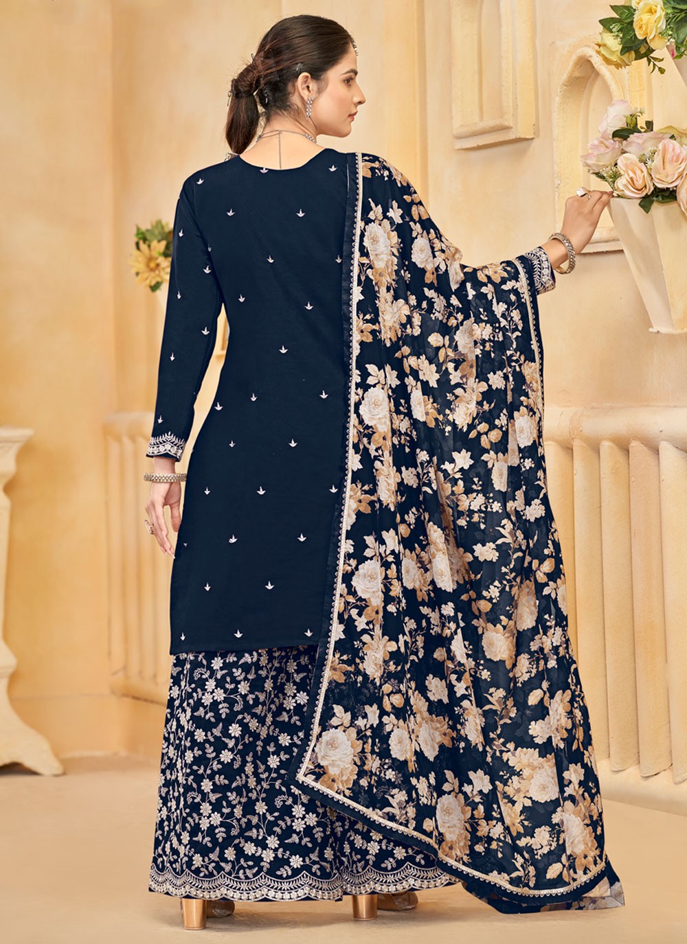 Embroidered Silk Navy Blue Salwar Suit T6003
