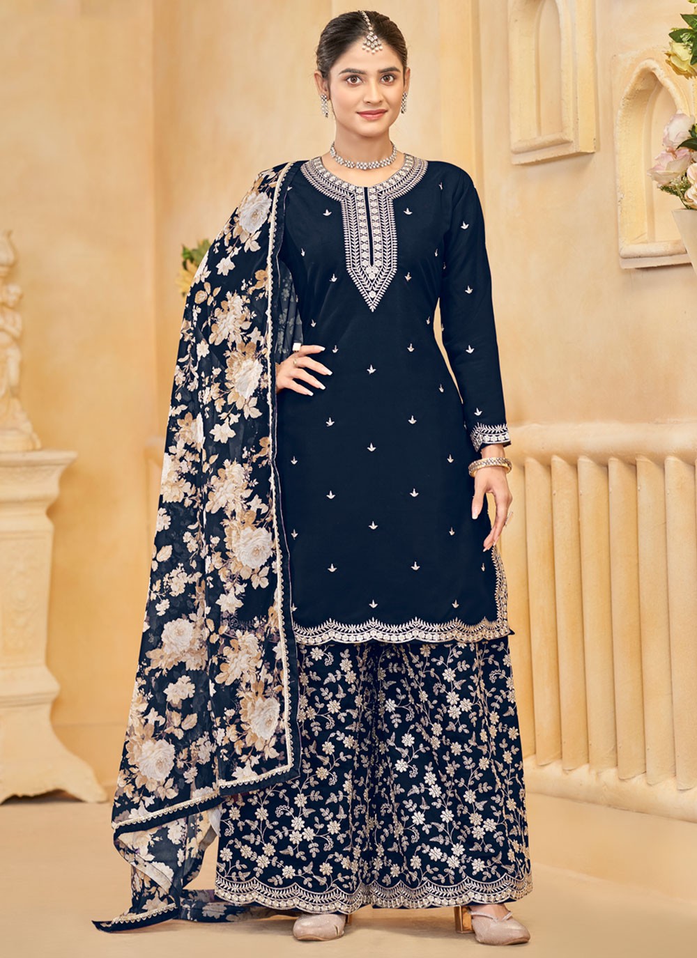 Embroidered Silk Navy Blue Salwar Suit T6003