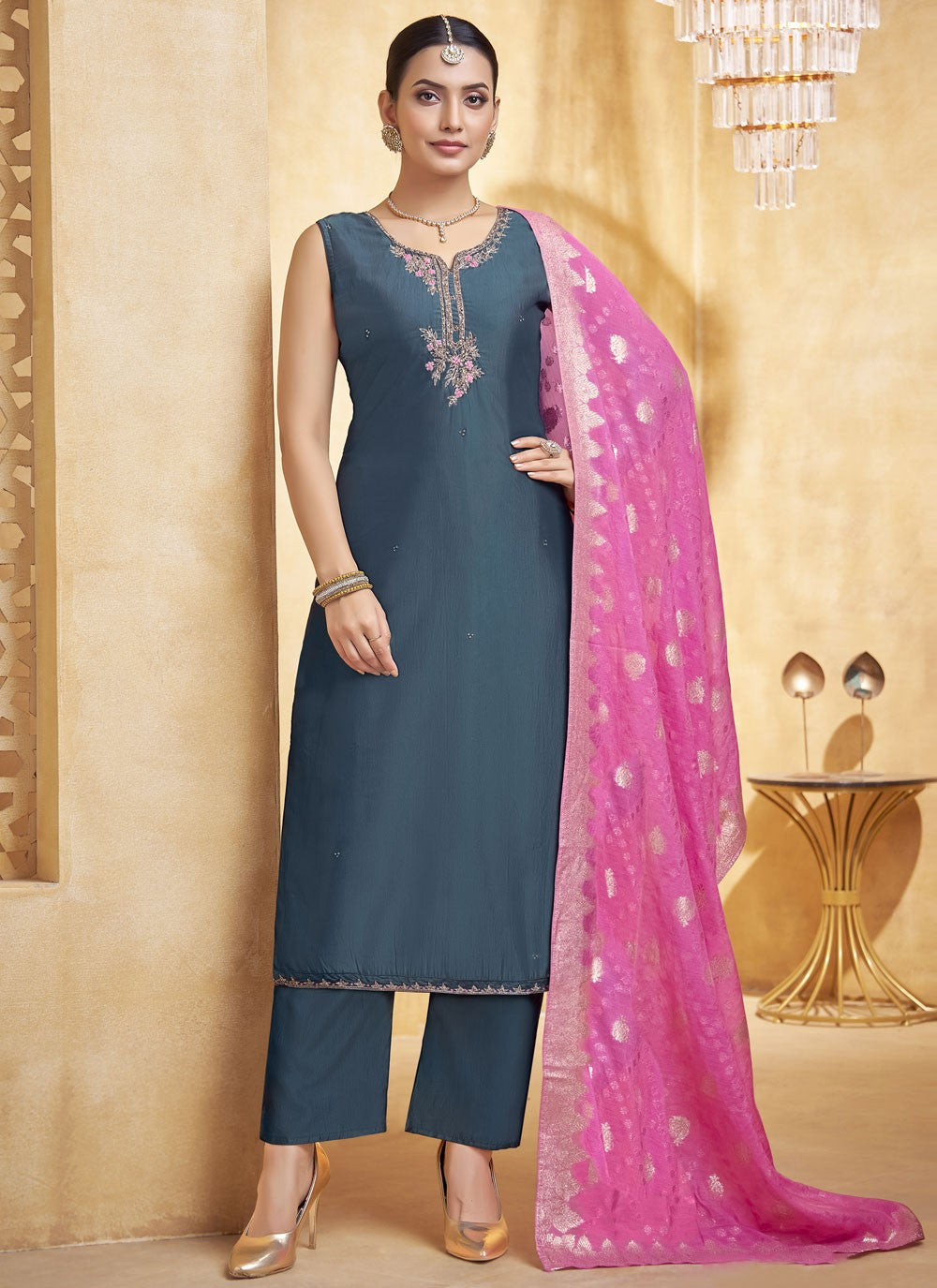Pant Style Suit Embroidered Navy Blue T8262