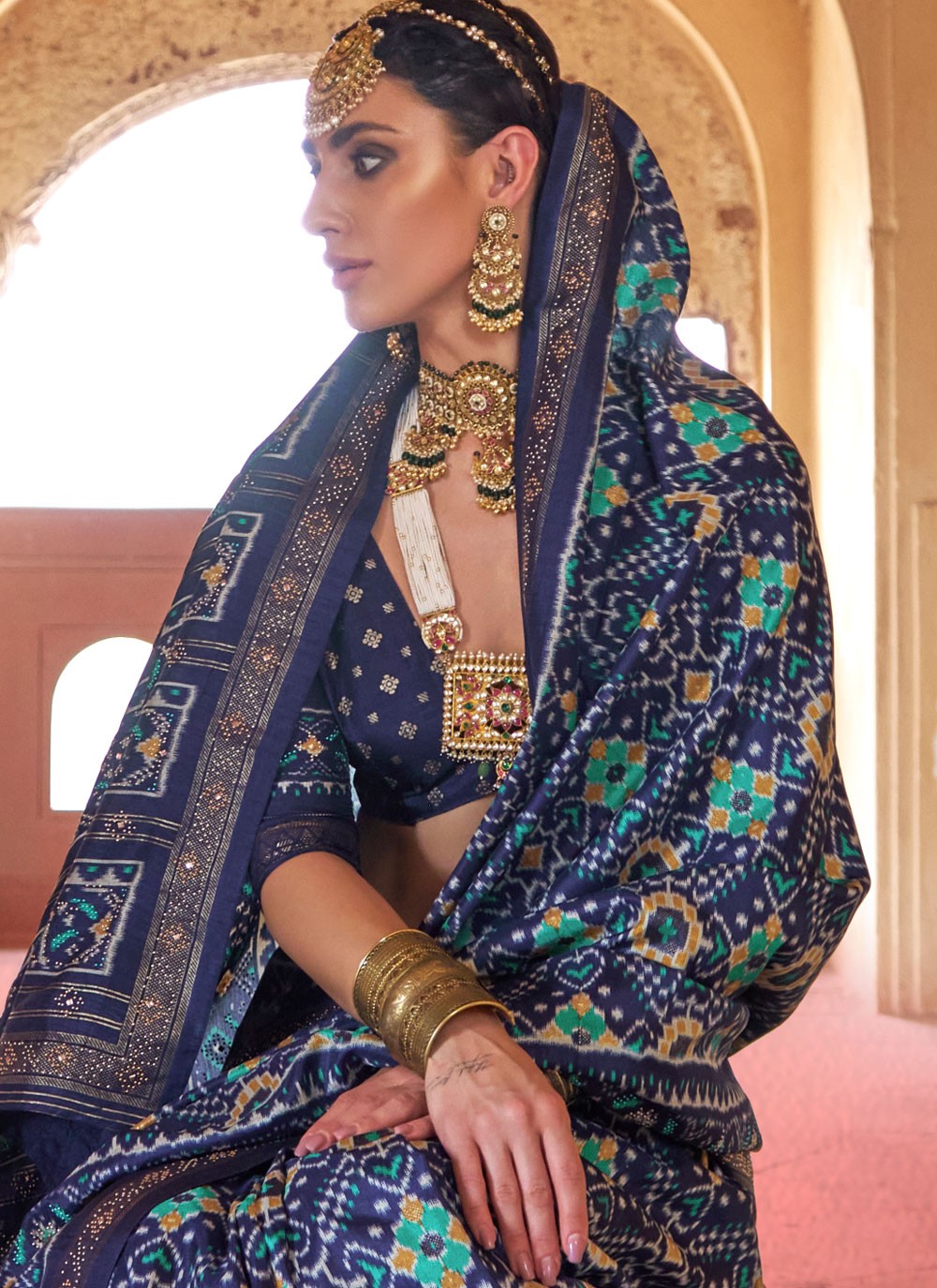 Navy Blue Silk Classic Saree Patola Print S18267