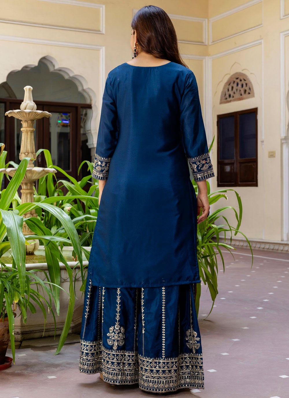 Palazzo Suit Embroidered Navy Blue T8504